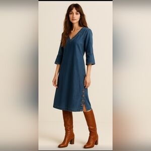 Soft Surroundings 3/4 Sleeve Chambray Denim Midi Dress, Button Detail, Med, Boho